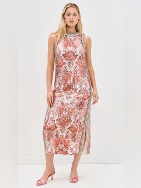 cinq a sept Coral and White Sequin Damask Ayden Dress